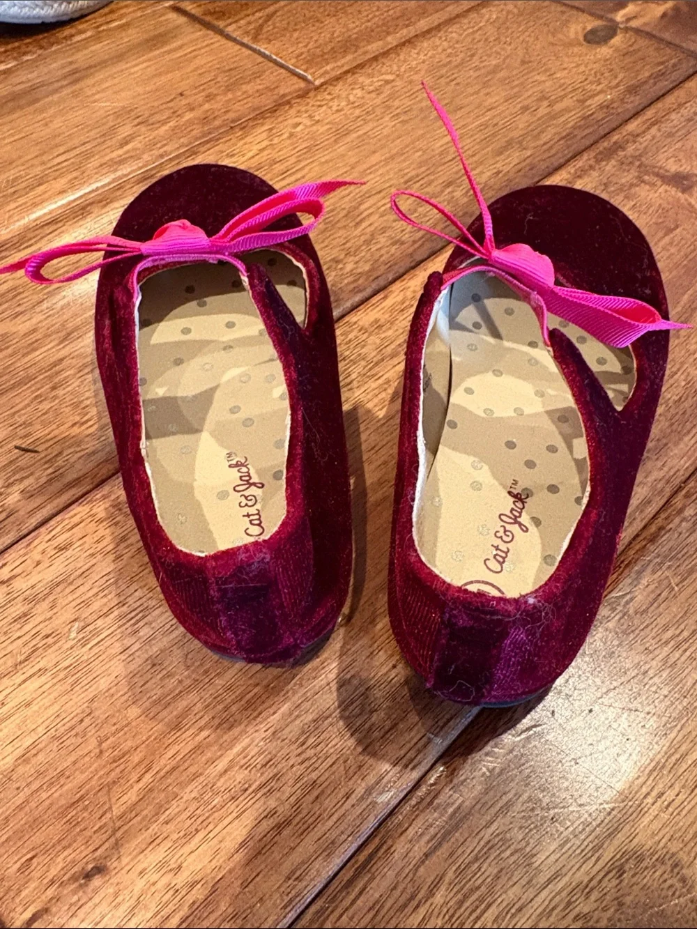 Cat & Jack Velvet Mary Jane Flats in Deep Red with Pink Bow